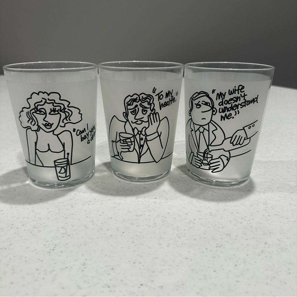 3- Cartoon Character  Glass Tumbler Set - Black and White- Studio Nova 16oz